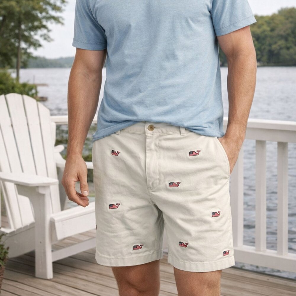 Vineyard Vines Men’s Ivory Whale Flag Breaker Shorts - Size 36